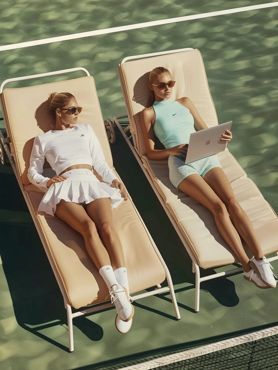 Stylish Duo Working on Laptops at Tennis Court