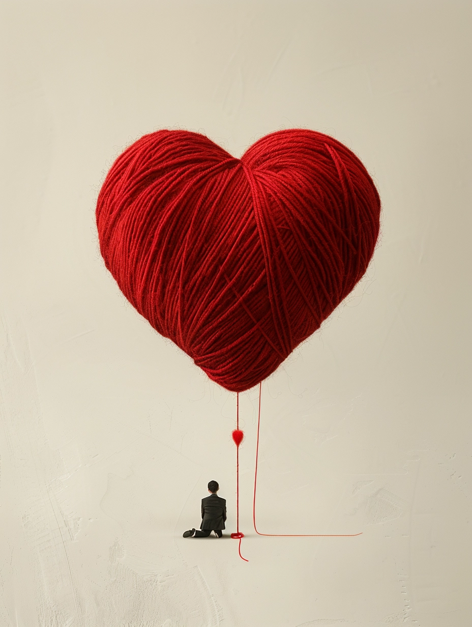 Minimalist Surrealism: Elegant Red Heart Sculpture with Chinese Man