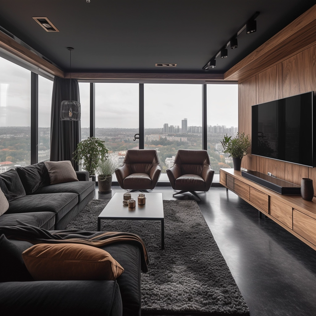 Luxurious Dark Living Room with Ample Natural Light