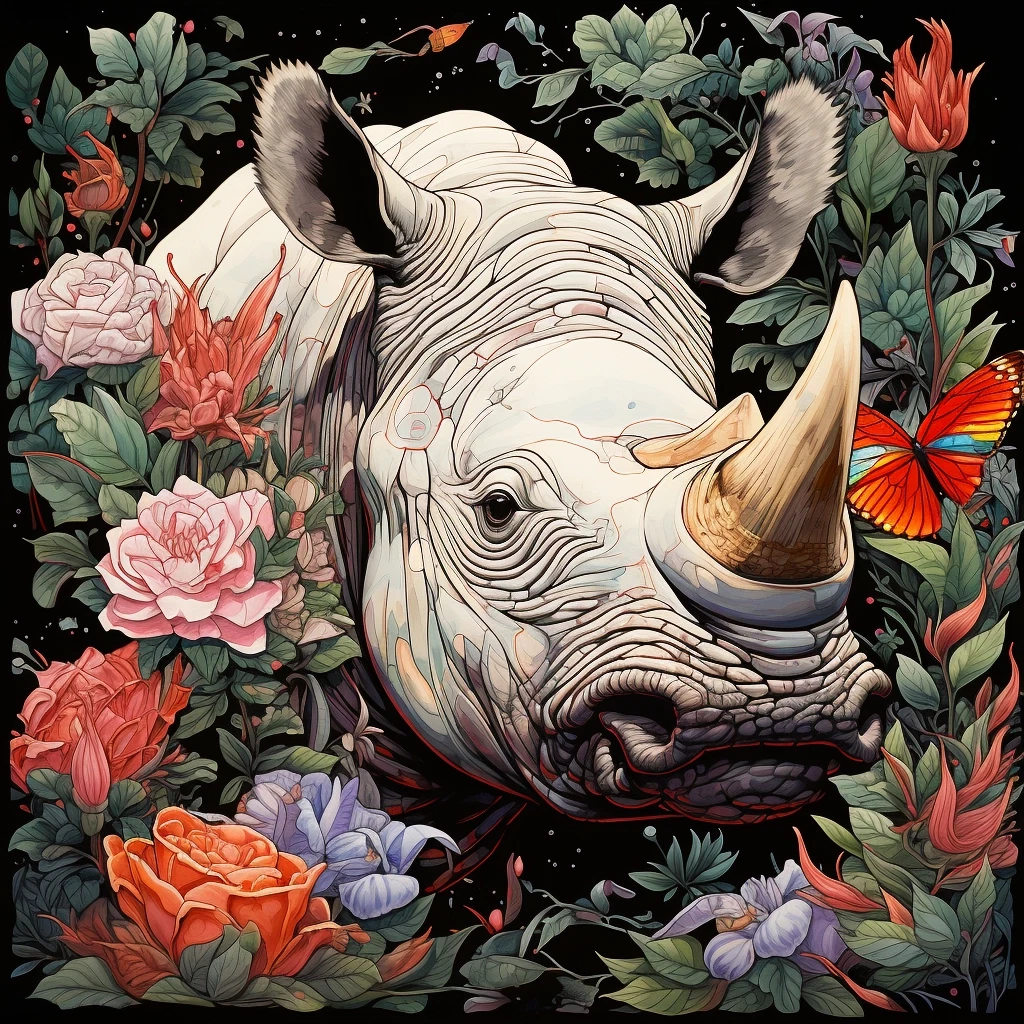 Exquisite Cyberpunk Ukiyo-e: Rhino Head in Flowery Forest