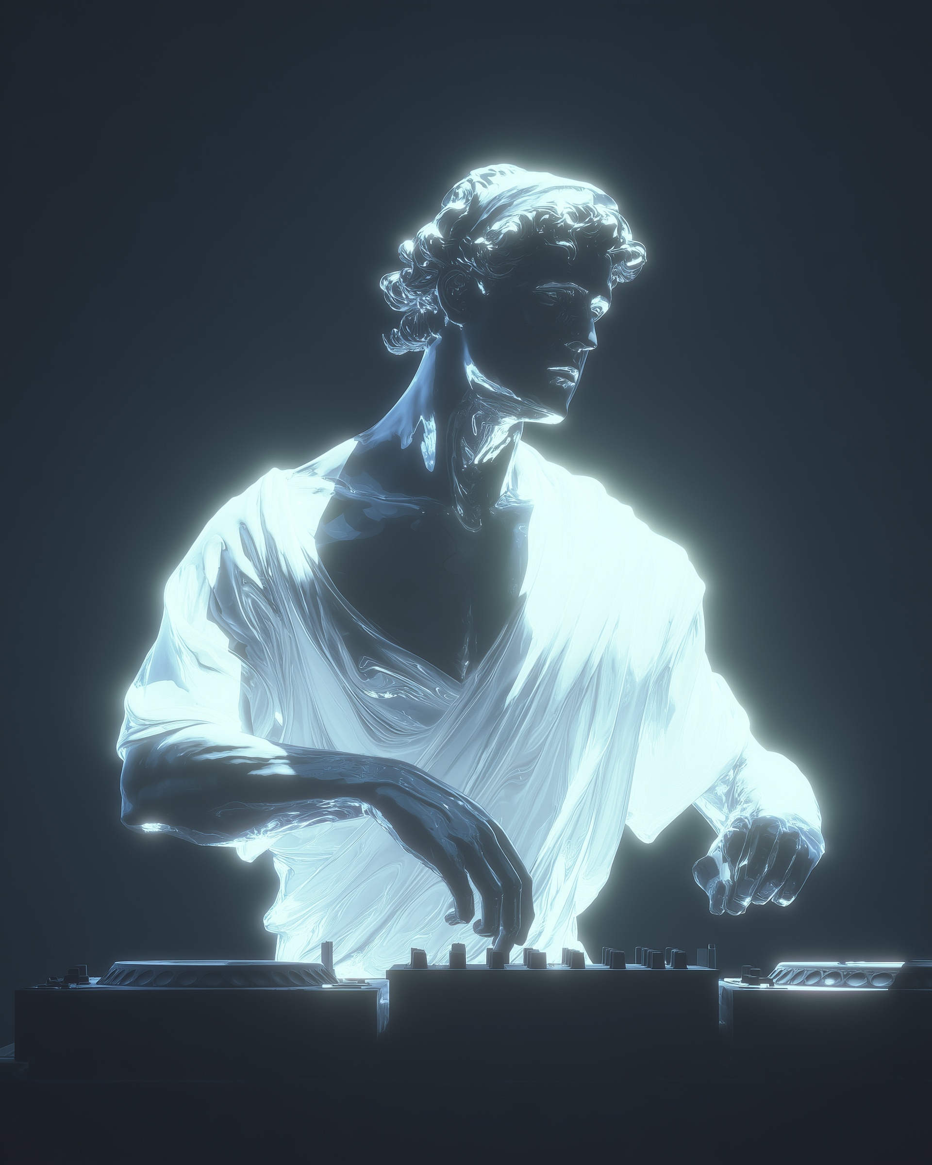 Futuristic Greek DJ Statue with Neon Glitch Effect