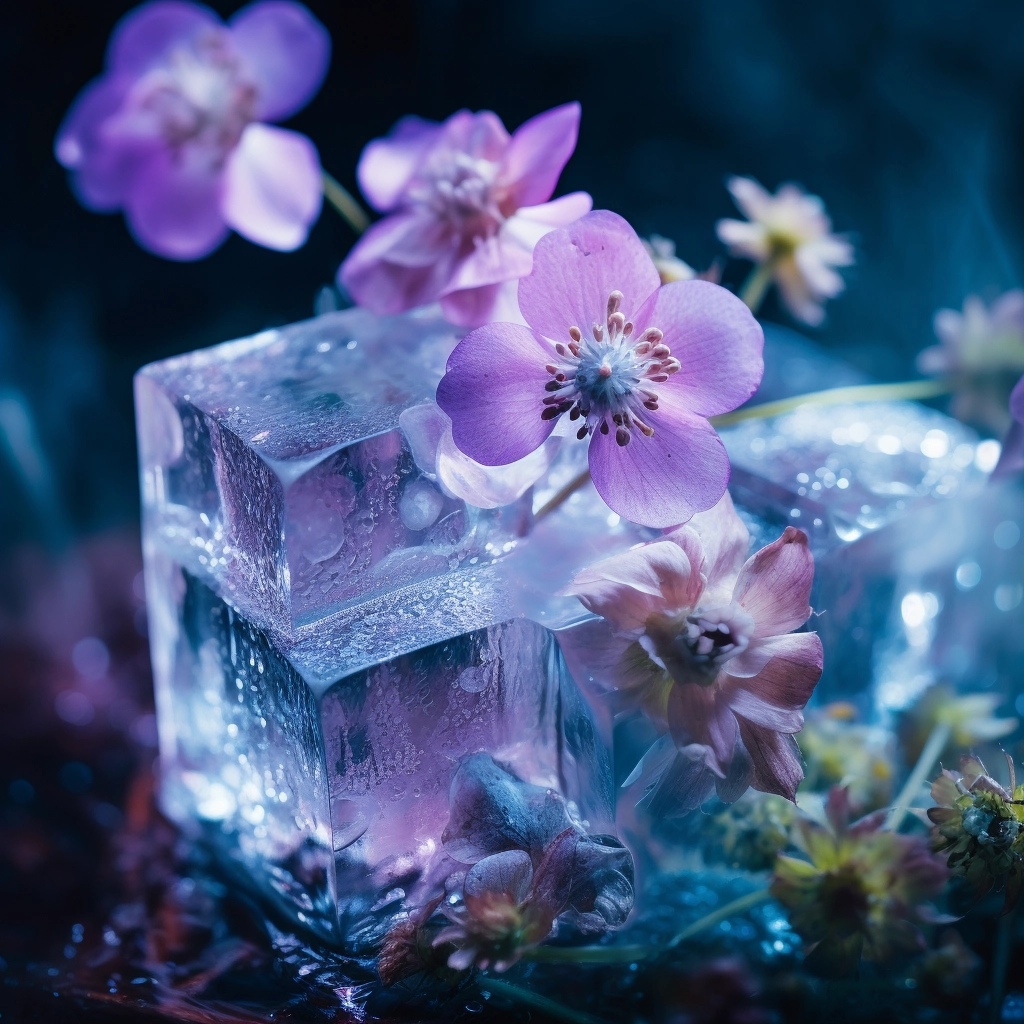 Sparkling Icecubes: Purple and Green Glittering Flowers in a Hazy Oasis