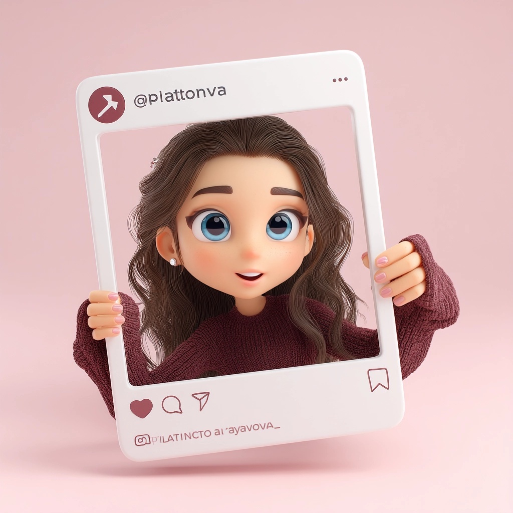 Joyful 3D Girl Peeking from Instagram Frame