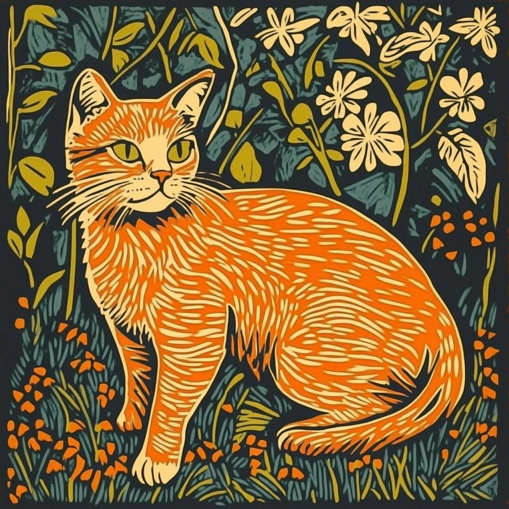 Medieval Orange Cat Linocut Art Print