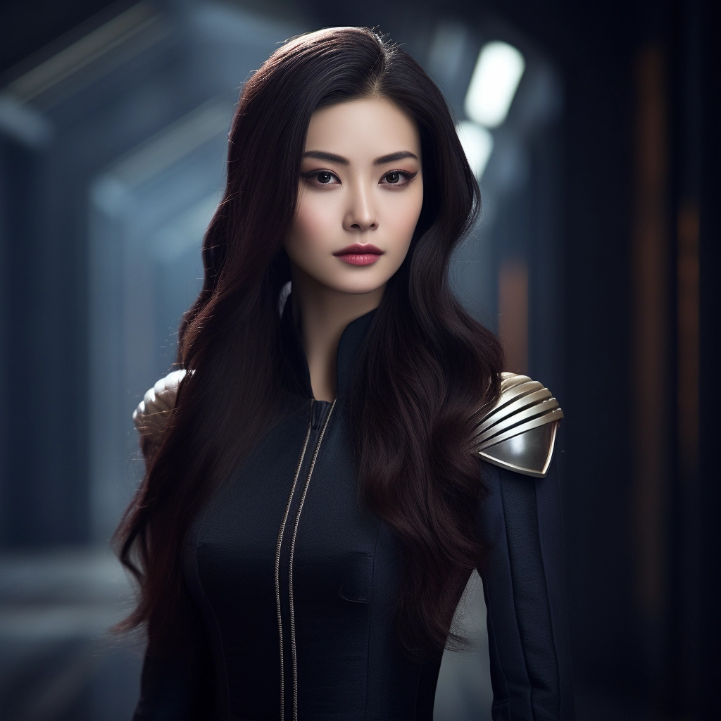 Enchanting Chinese Beauty with Long Hair in the Futuristic Starfleet