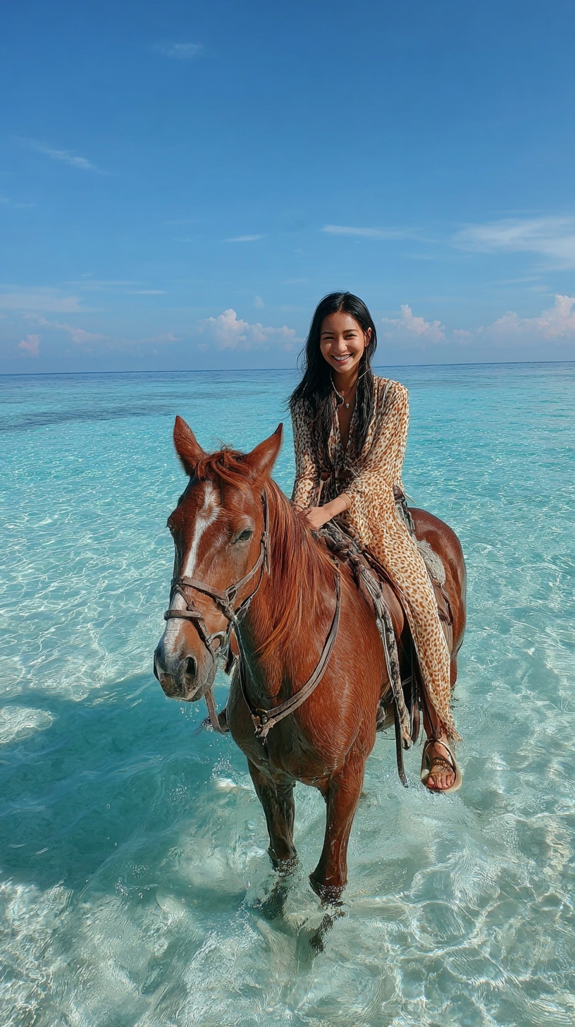 Riding into Paradise: Asian Woman on Horse in Maldives