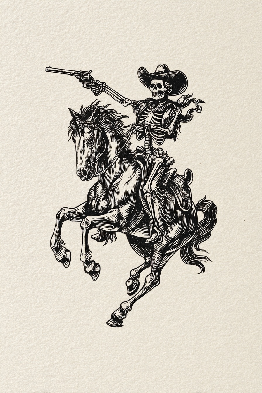 Skeleton Cowboy Tattoo Design in Black Ink