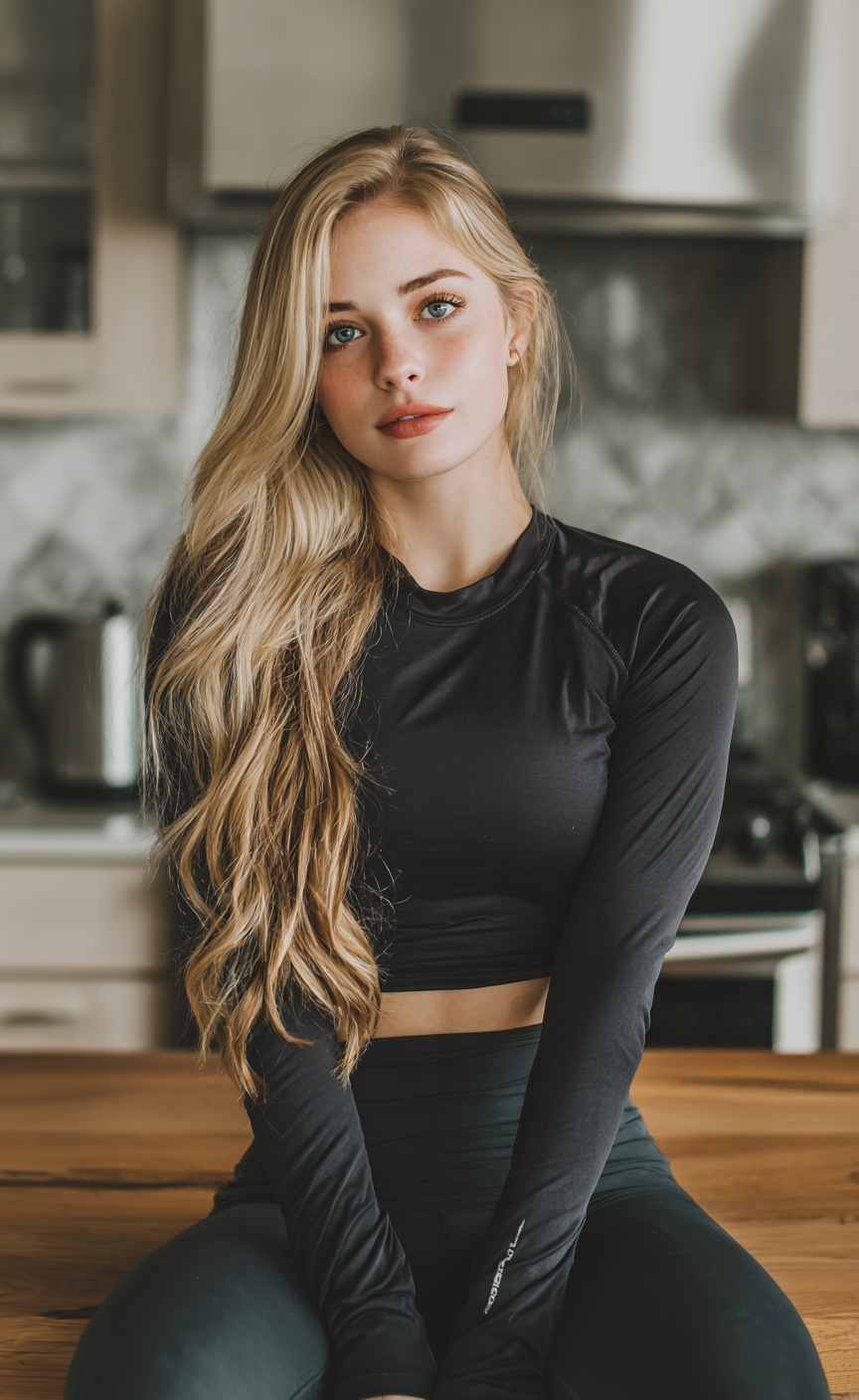 Stunning Blonde Model's Captivating Kitchen Pose