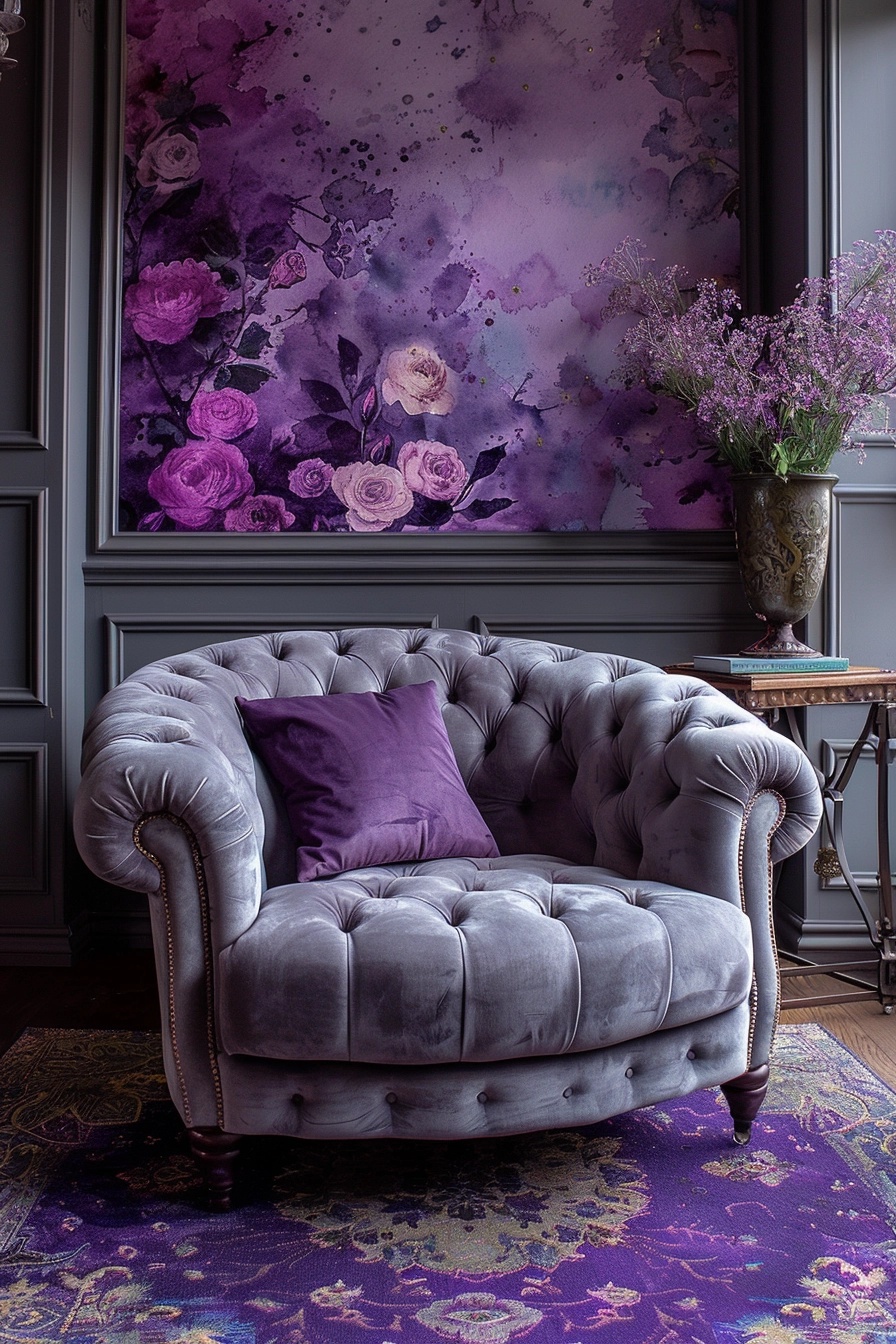 Modern Gray Leather Arm Chair with Silver Details