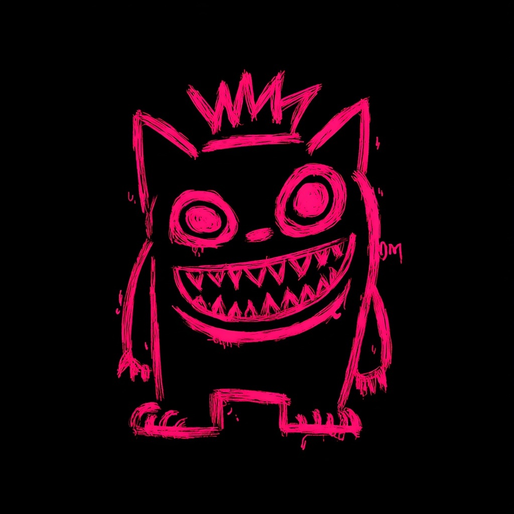 Chaotic Graffiti Cat Monster Art on Black