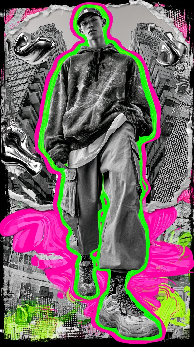 Bold Streetwear: Neon Youth in Edgy Cityscape