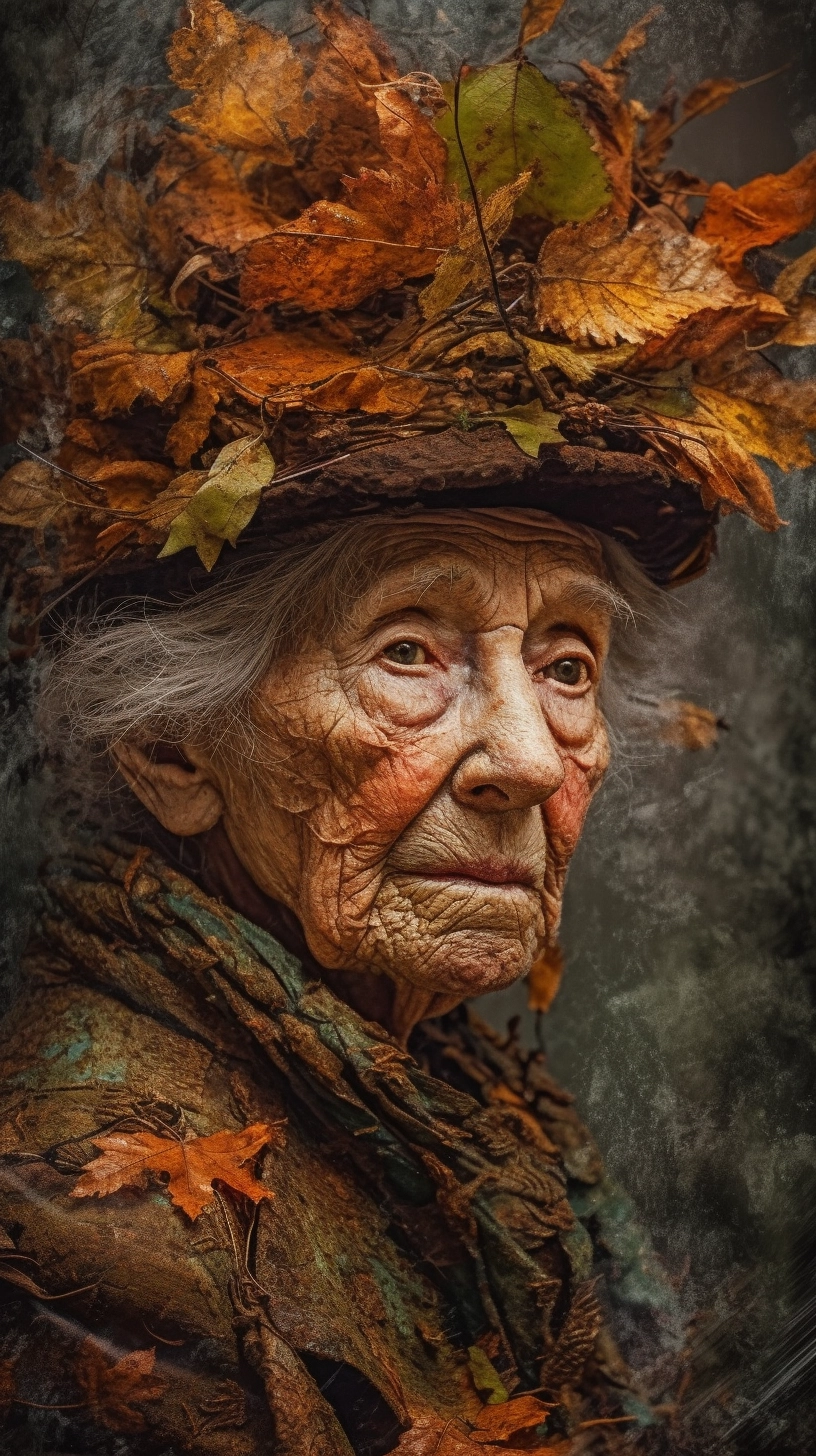 Autumn Leaf Portrait of Elderly Woman