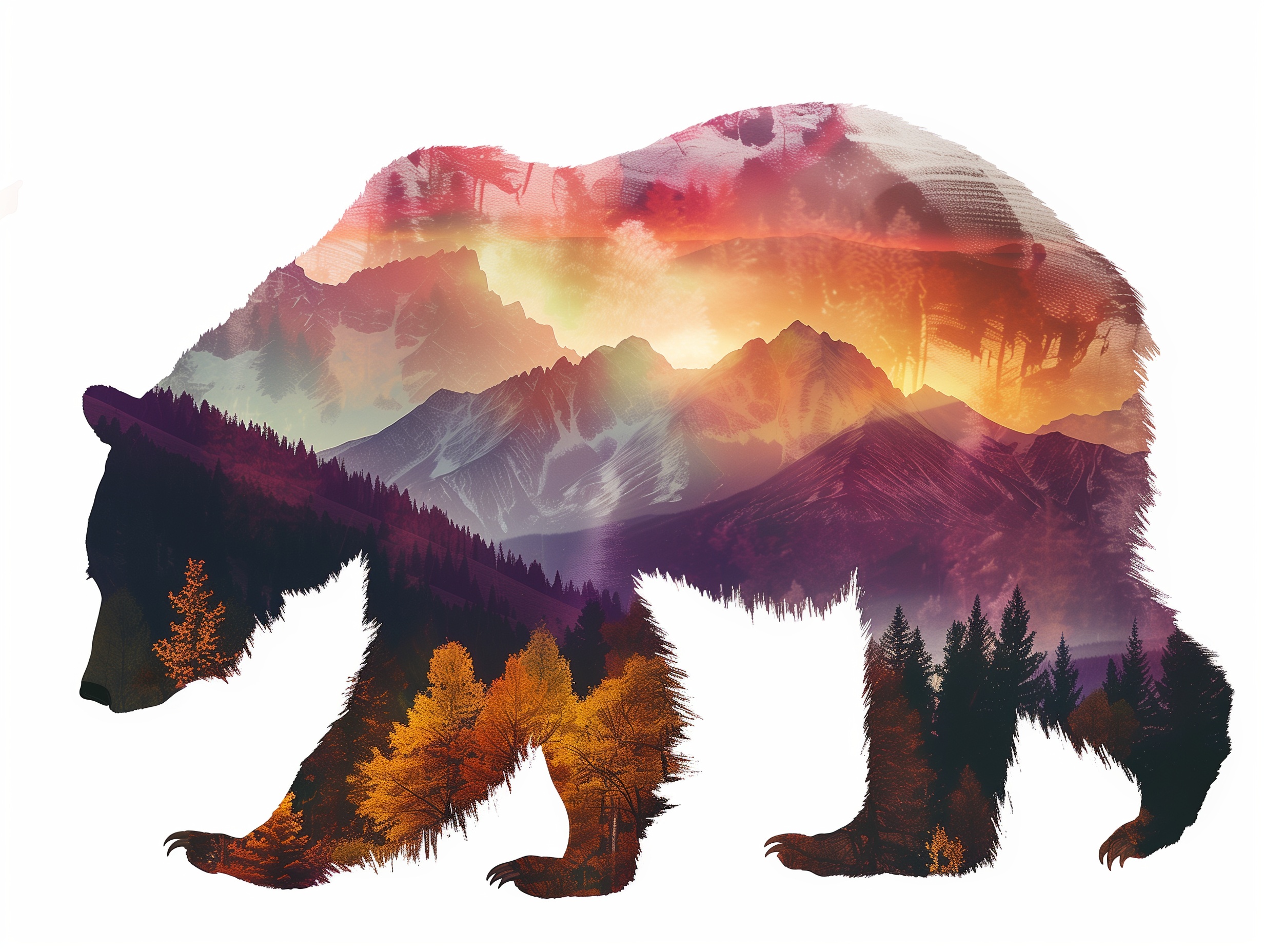 Black Bear Double Exposure in Vibrant Mountain Landscape