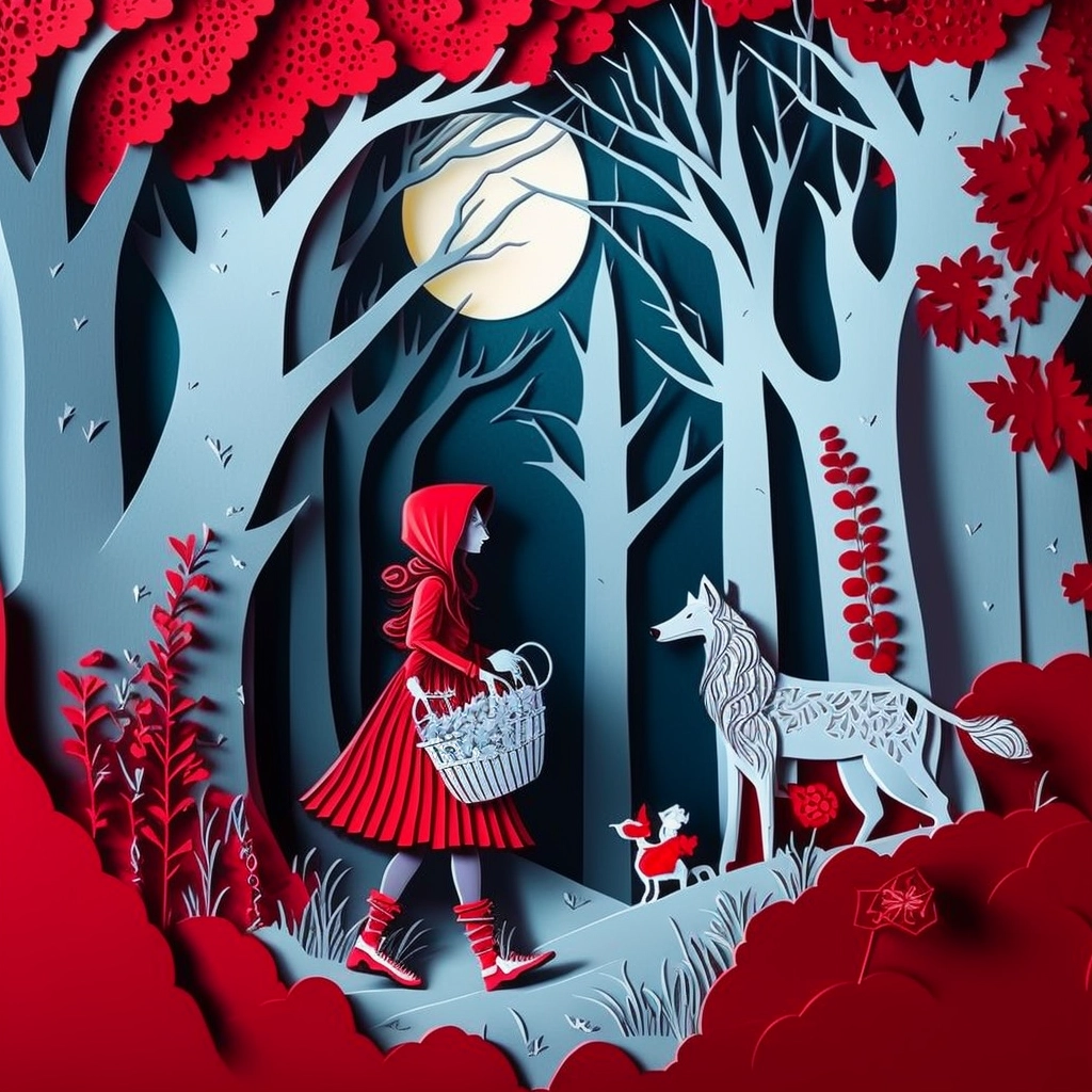 Colorful 8K Paper Cut Illustration of Little Red Riding Hood and the Wolf in the Forest