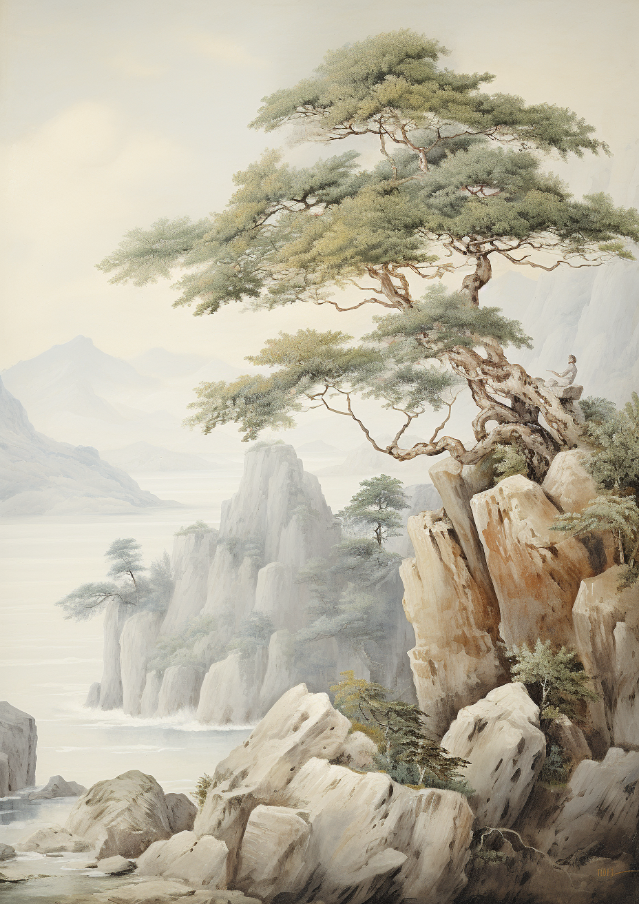 Romanticized Views: Grisaille Landscape with Tree & Cliff