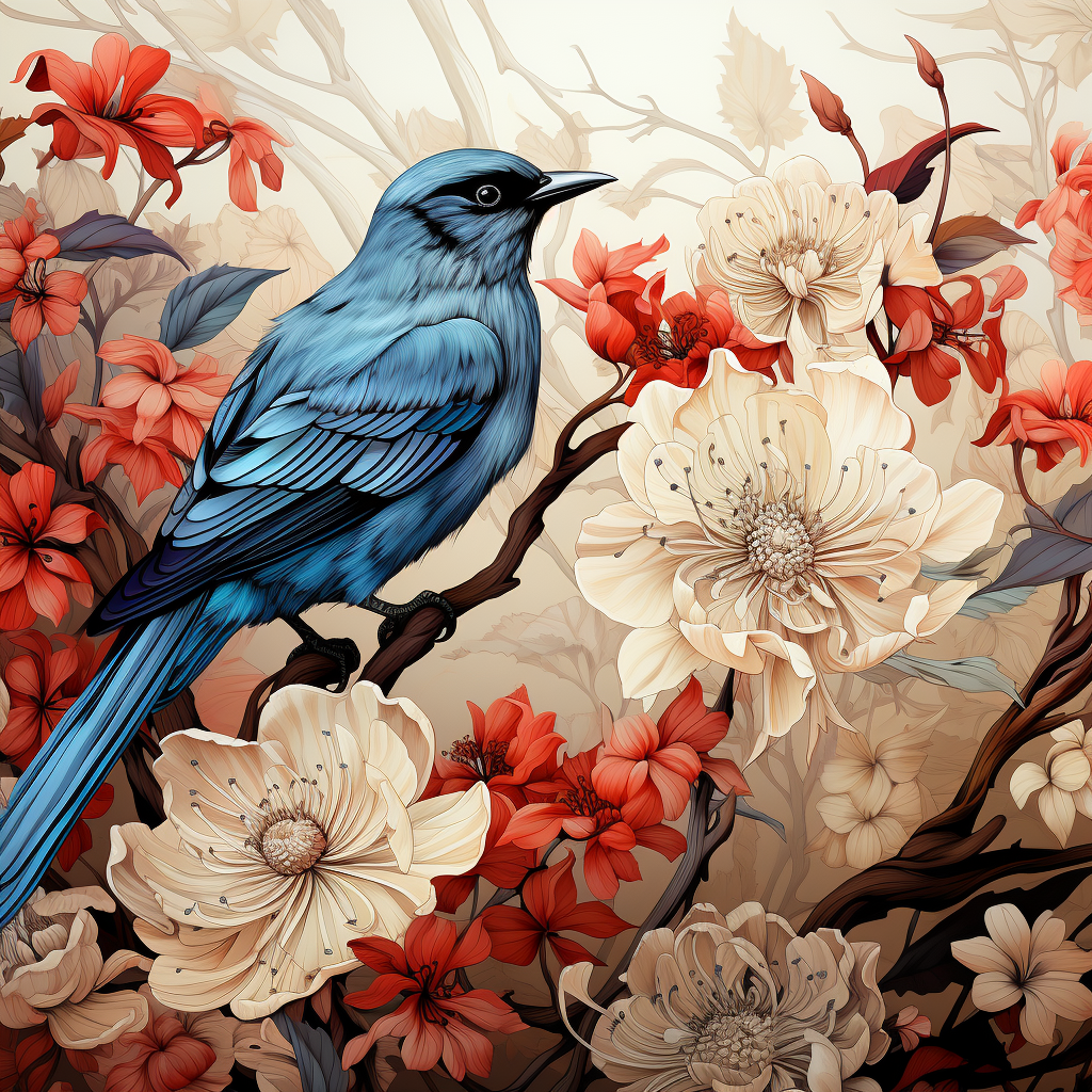 High-Contrast Realism: Blue Bird & Flower Wallpaper