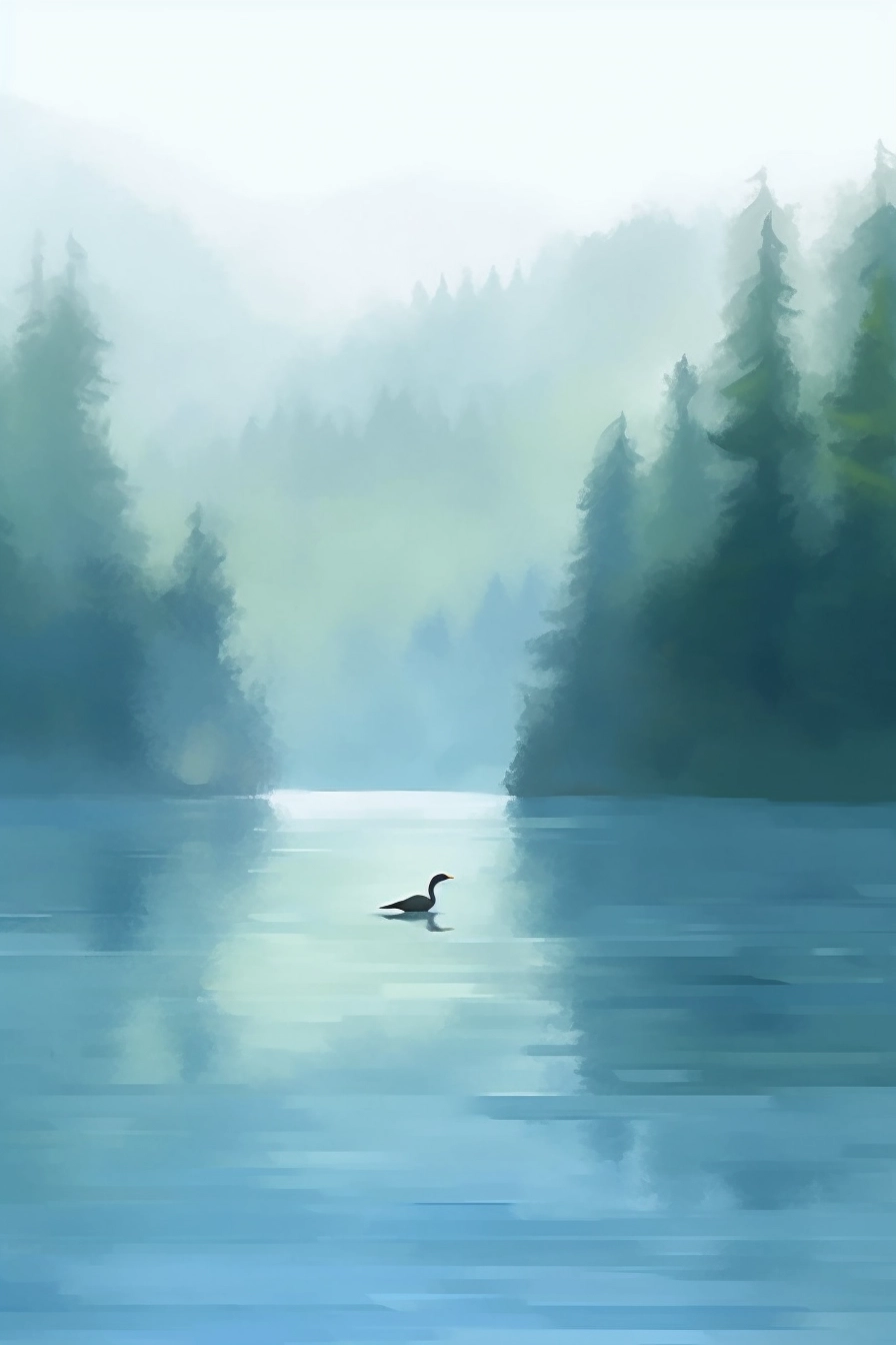 Misty Lake Wildlife Silhouette Art
