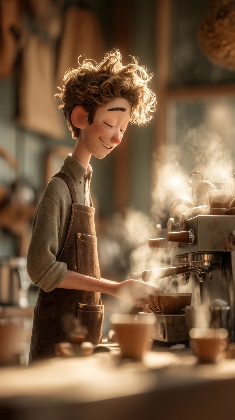 Charming 3D Barista in Cozy Coffee Shop