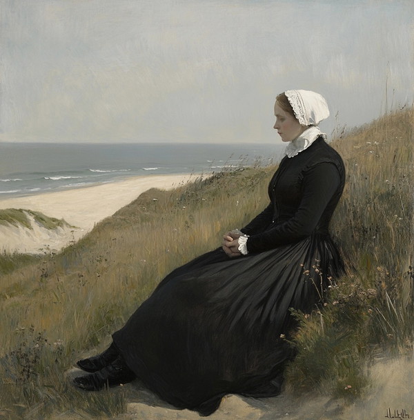 Elegant Woman in Dunes: Timeless Sea View