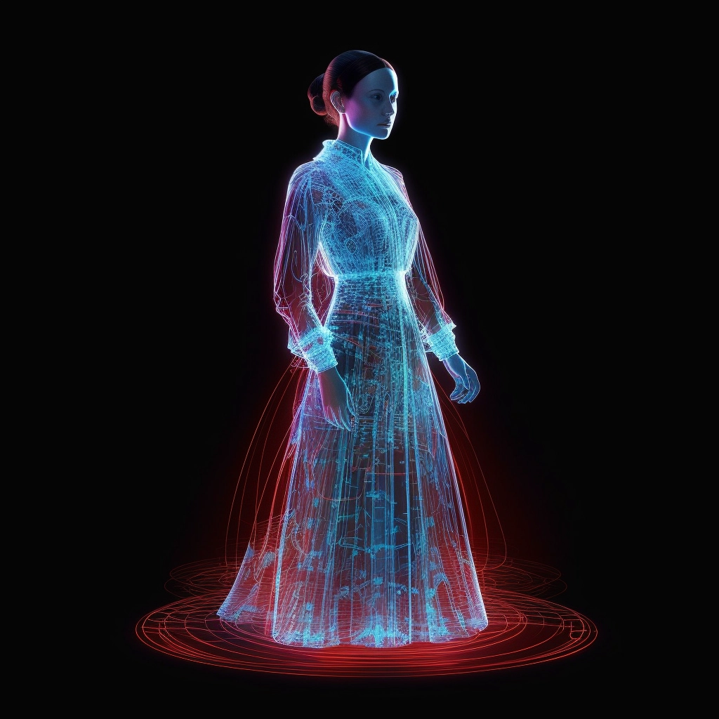 Vibrant AI Hologram of Ada Lovelace in Futuristic Dress