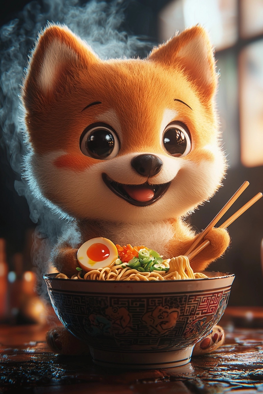 Kawaii Dog Enjoys a Joyful Bowl of Ramen Delight!