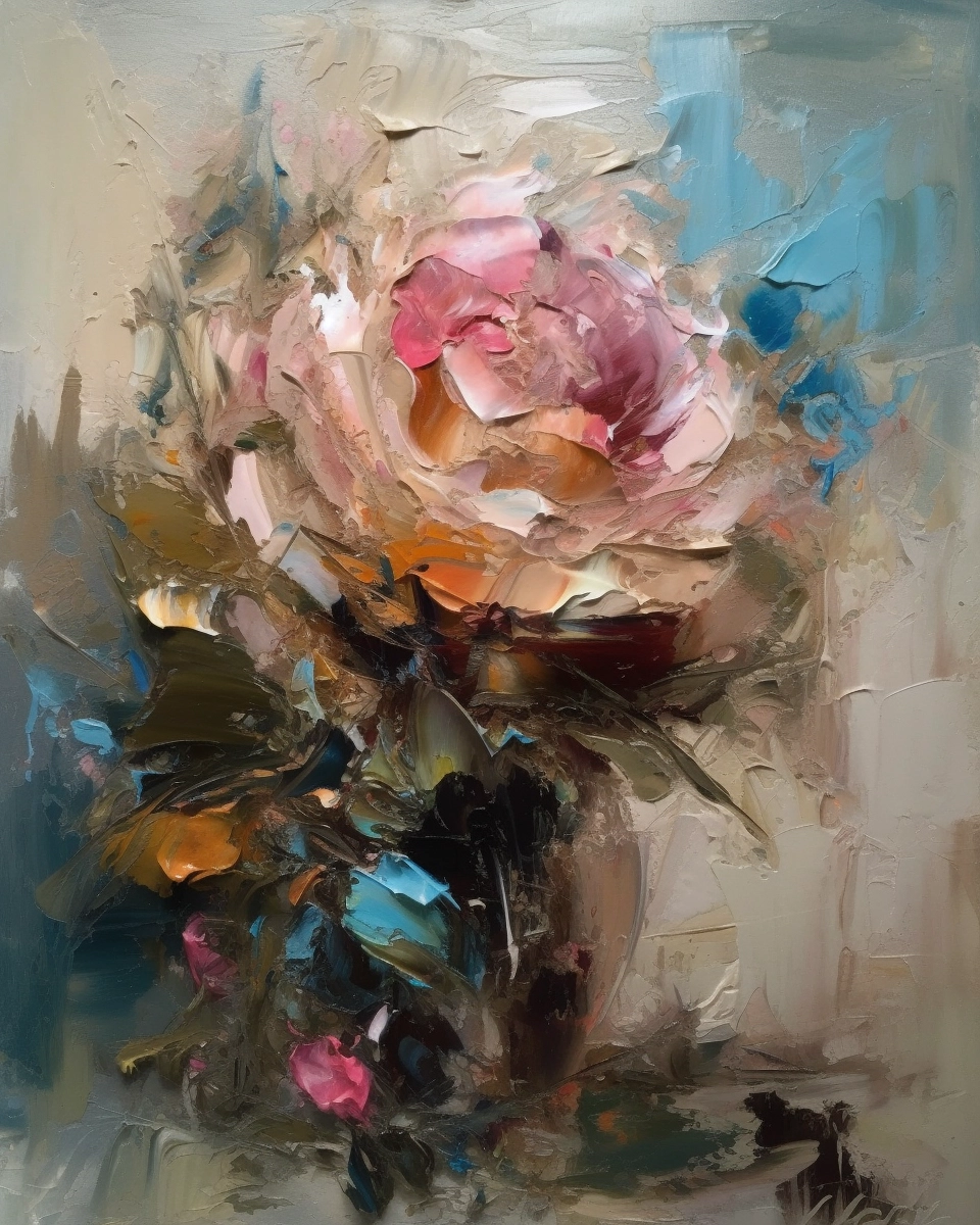 Abstract Pink Rose Painting with Golden & Blue Details