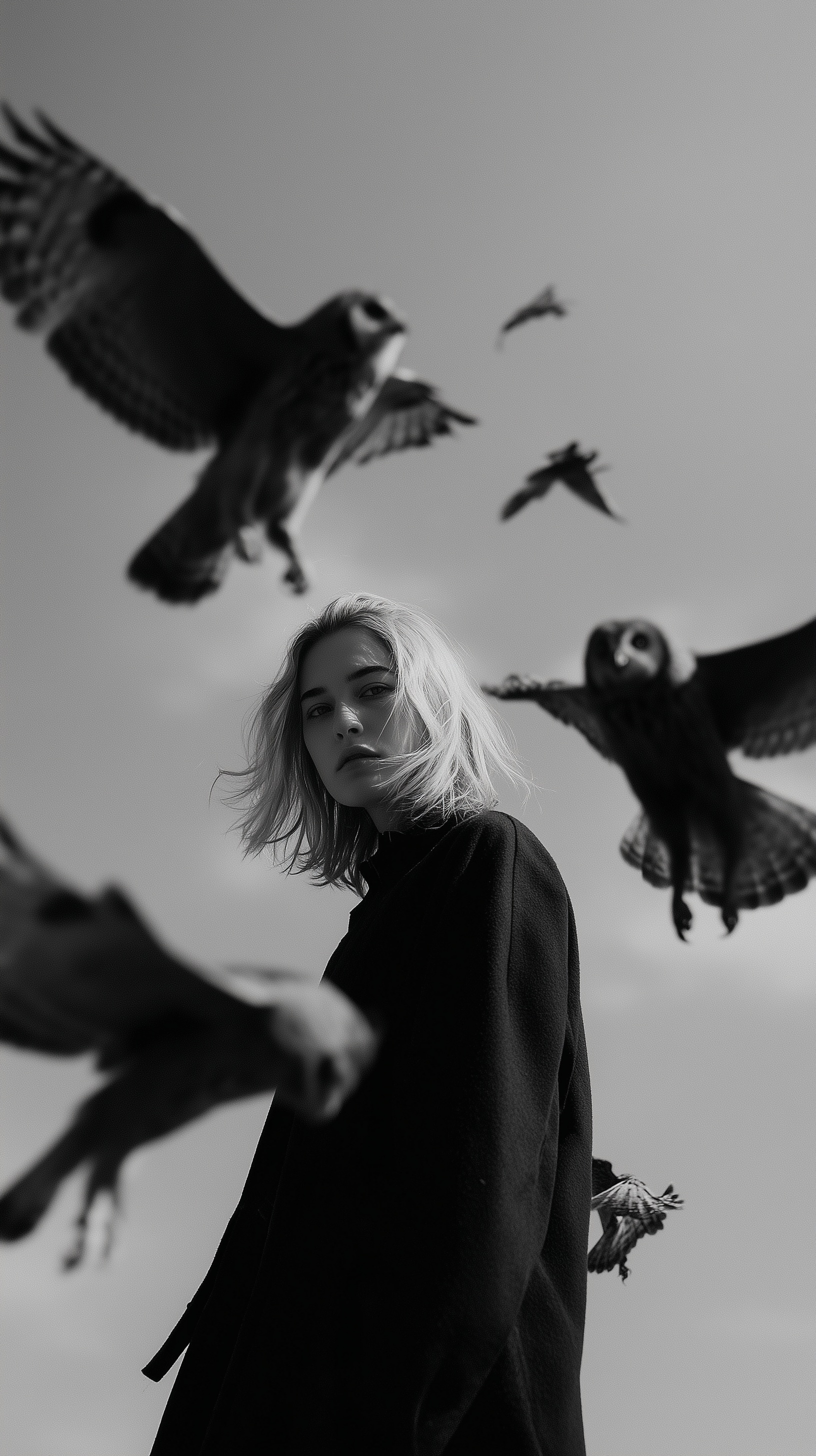 Surreal Black and White Portrait with Owls