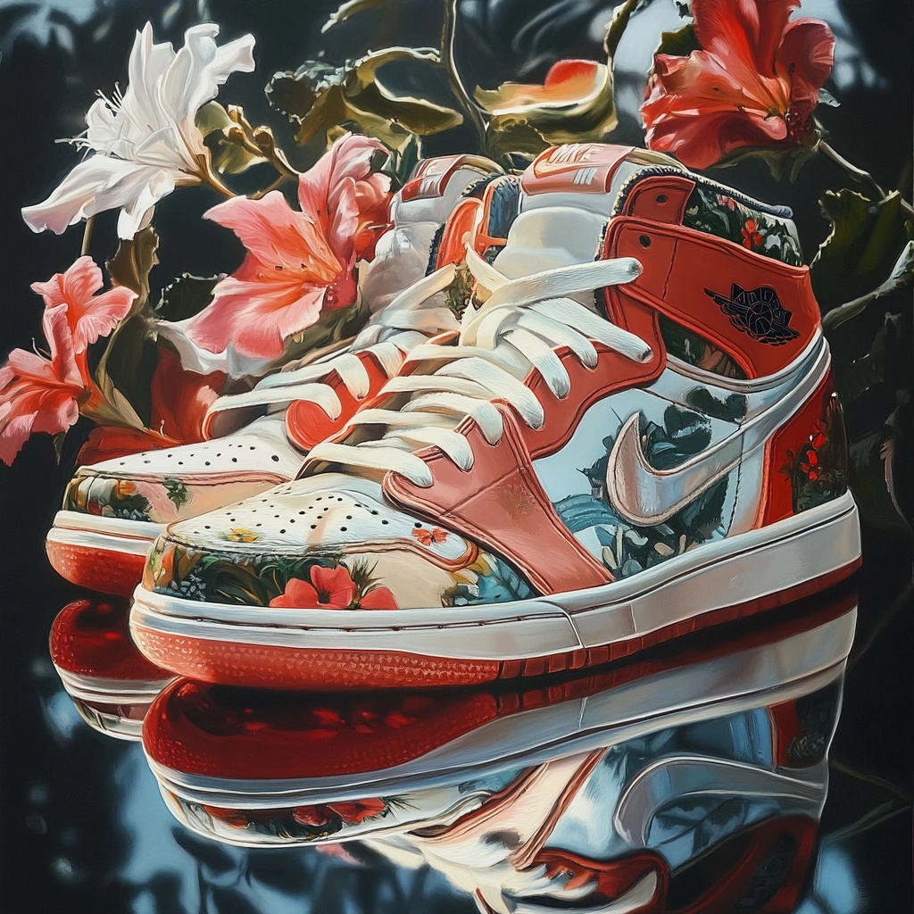 Elegant Floral Custom Sneakers: Nike Glass Display