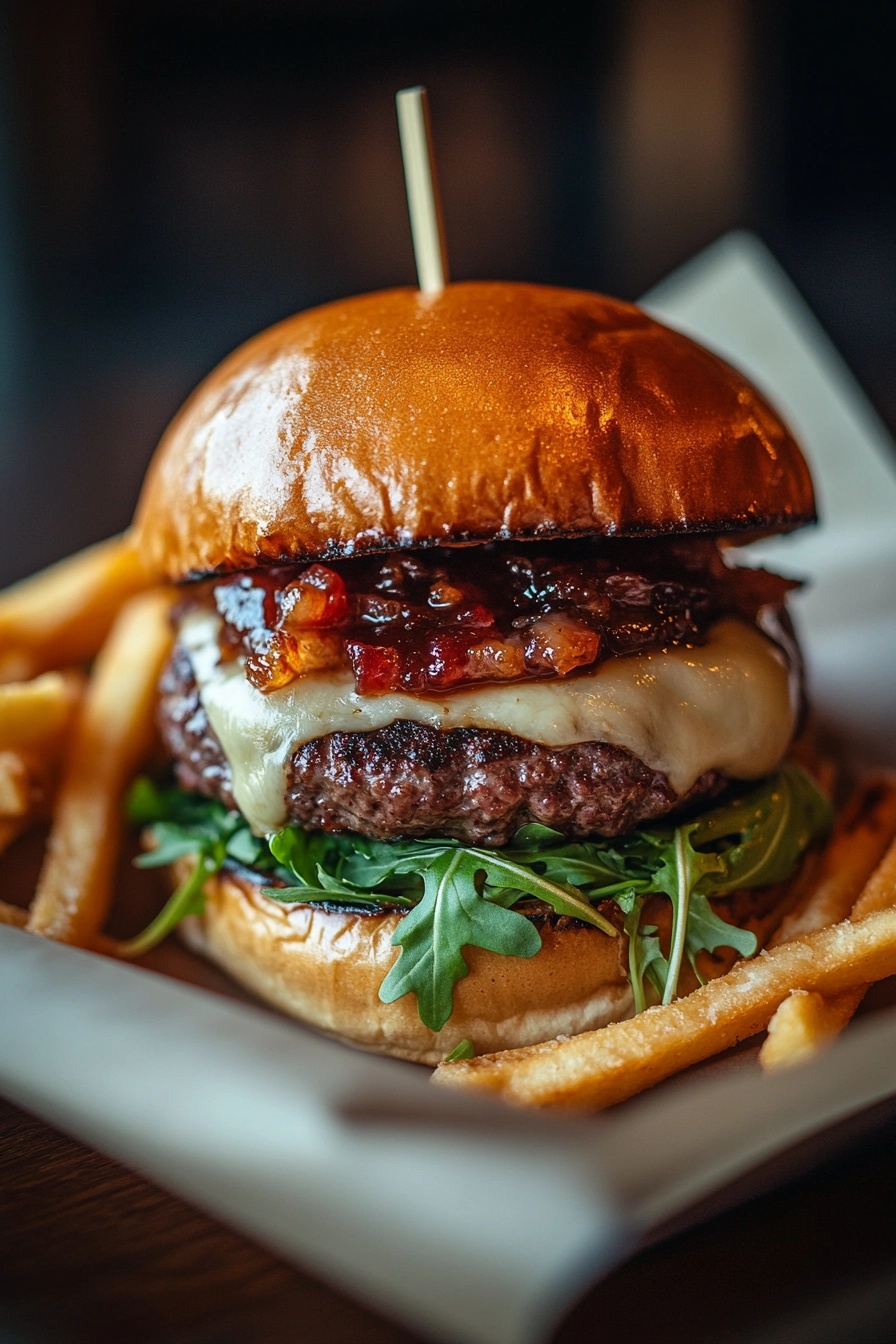 Indulge in Our Gourmet Brie Burger & Fries!