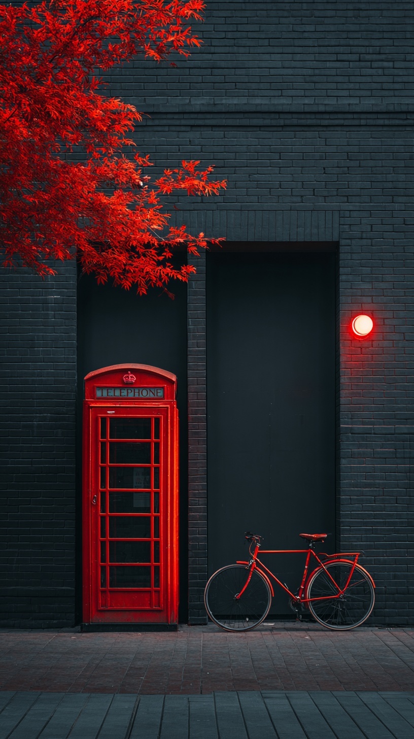 Urban Red: Telephone Booth and Bicycle Contrast