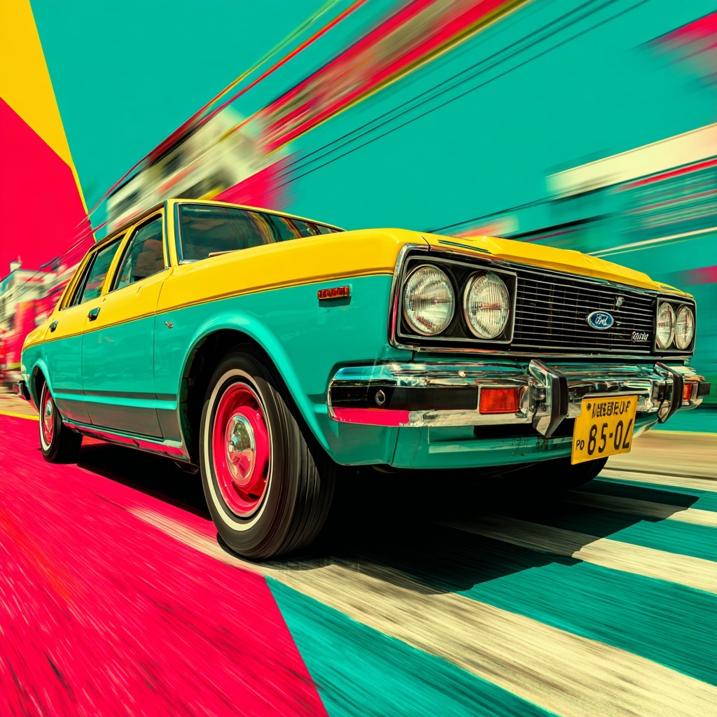 Vibrant 1980s Ford: Dynamic Low-Angle Shot