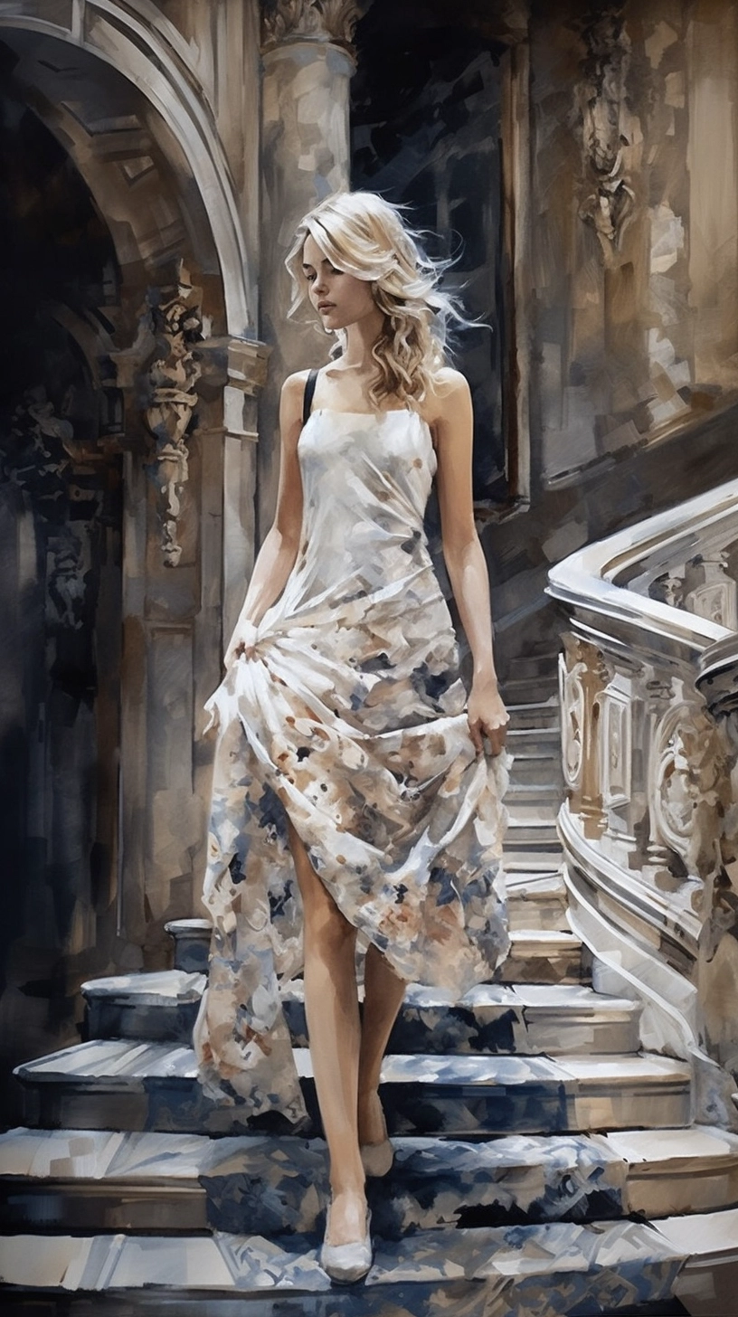 Romantic Ruins: Blonde Woman Descending Stairs