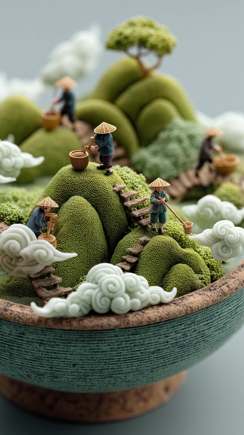 Miniature Chinese Porcelain Bowl: Farmers on Mountain