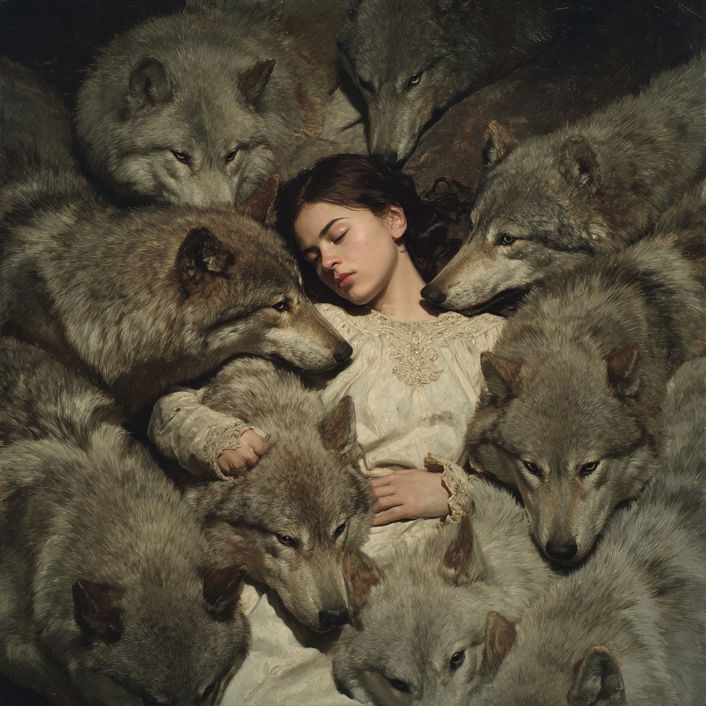 Girl Among Wolves: A Captivating High-Detail Scene