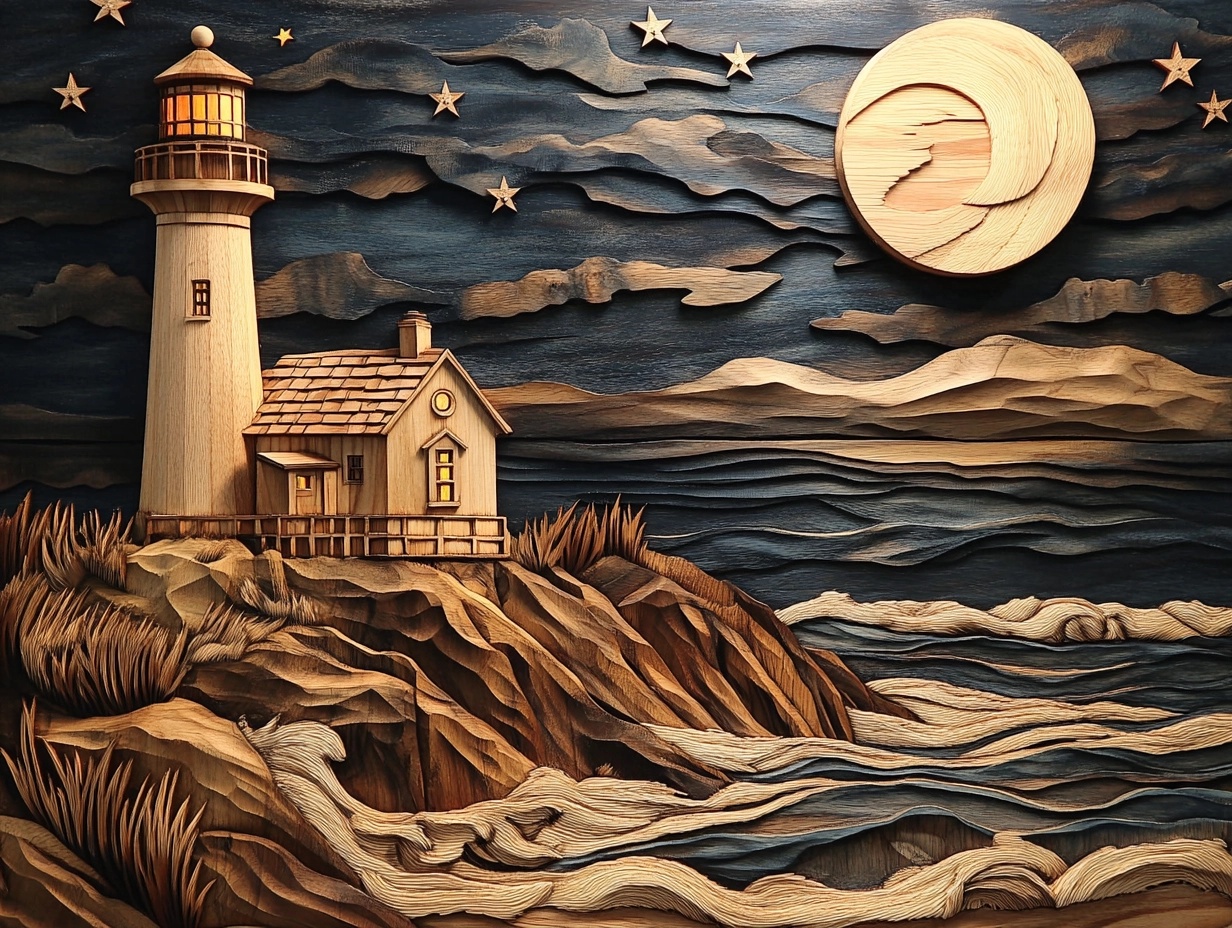 Coastal Lighthouse Night: Carved Wood Art Scene