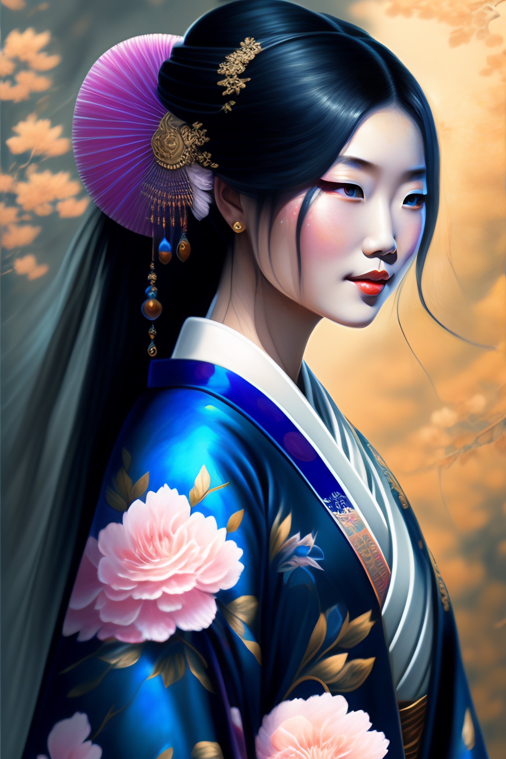 Elegant Blue Kimono Geisha Painting