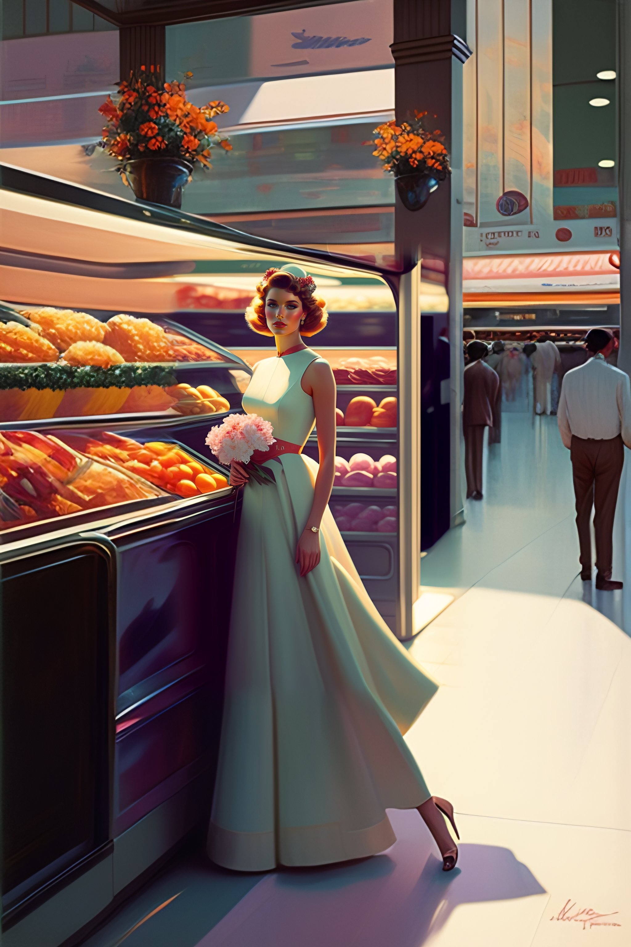 Stylish Floral Dress by Syd Mead at 7/11 - Cold Palette, Muted Colors, 8k Detail