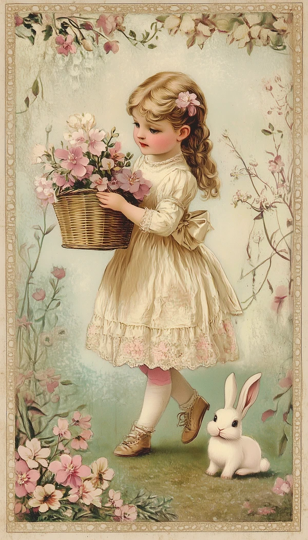 Vintage Valentine's Card: Girl & Bunny Design