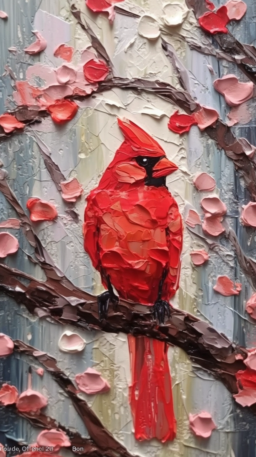 Stunning Red Cardinal Impasto Painting