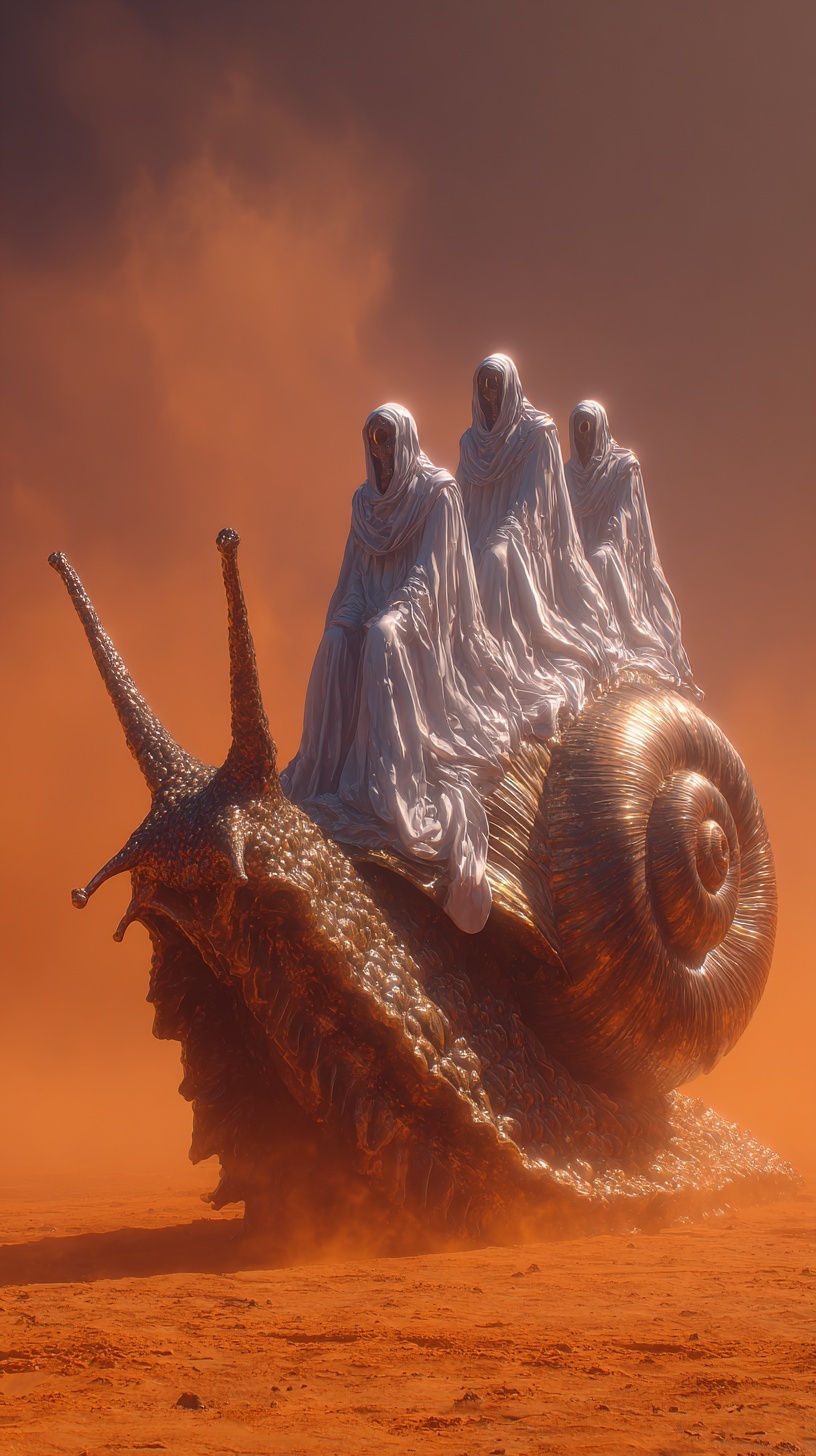 Aliens in Clothes Explore Orange Desert on Giant Snail