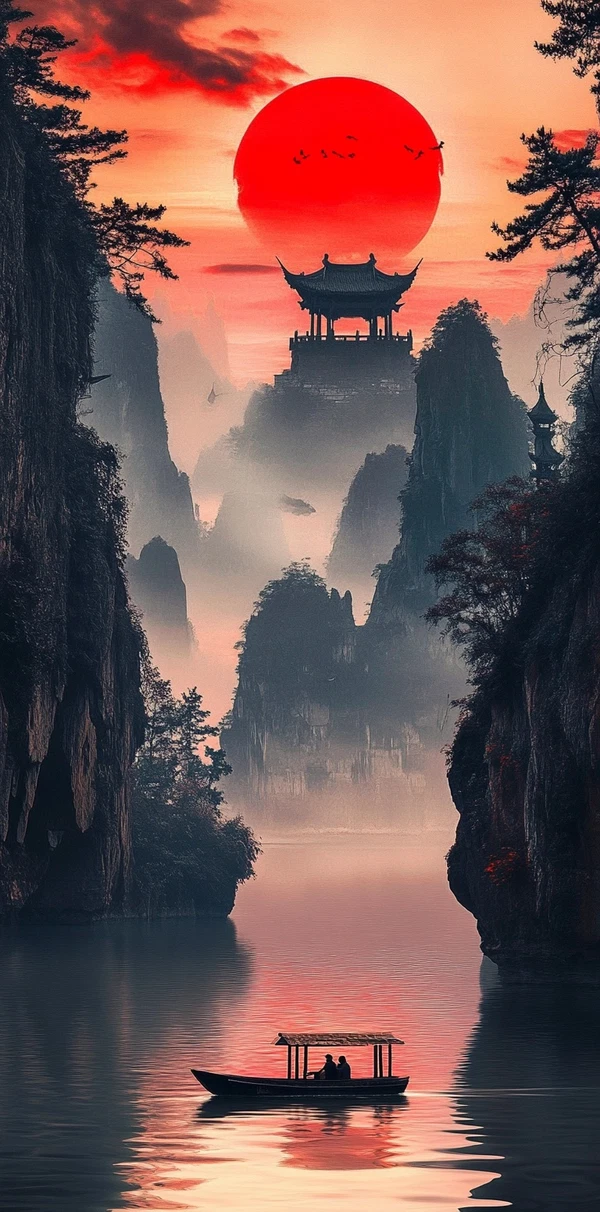 Serene Sunset: Tranquil Chinese Landscape Wallpaper