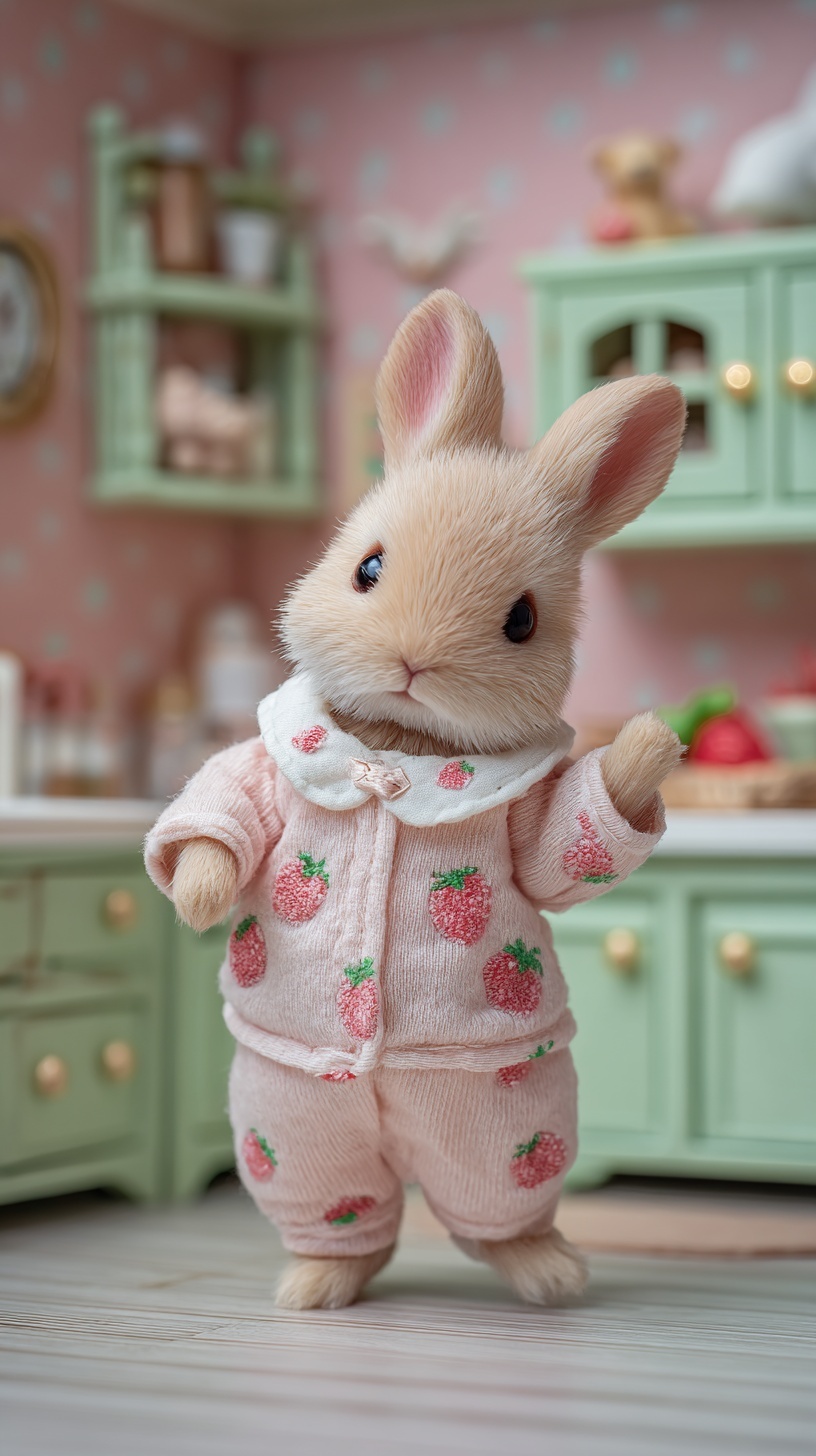 Adorable Baby Bunny in Cute Pastel Kitchen