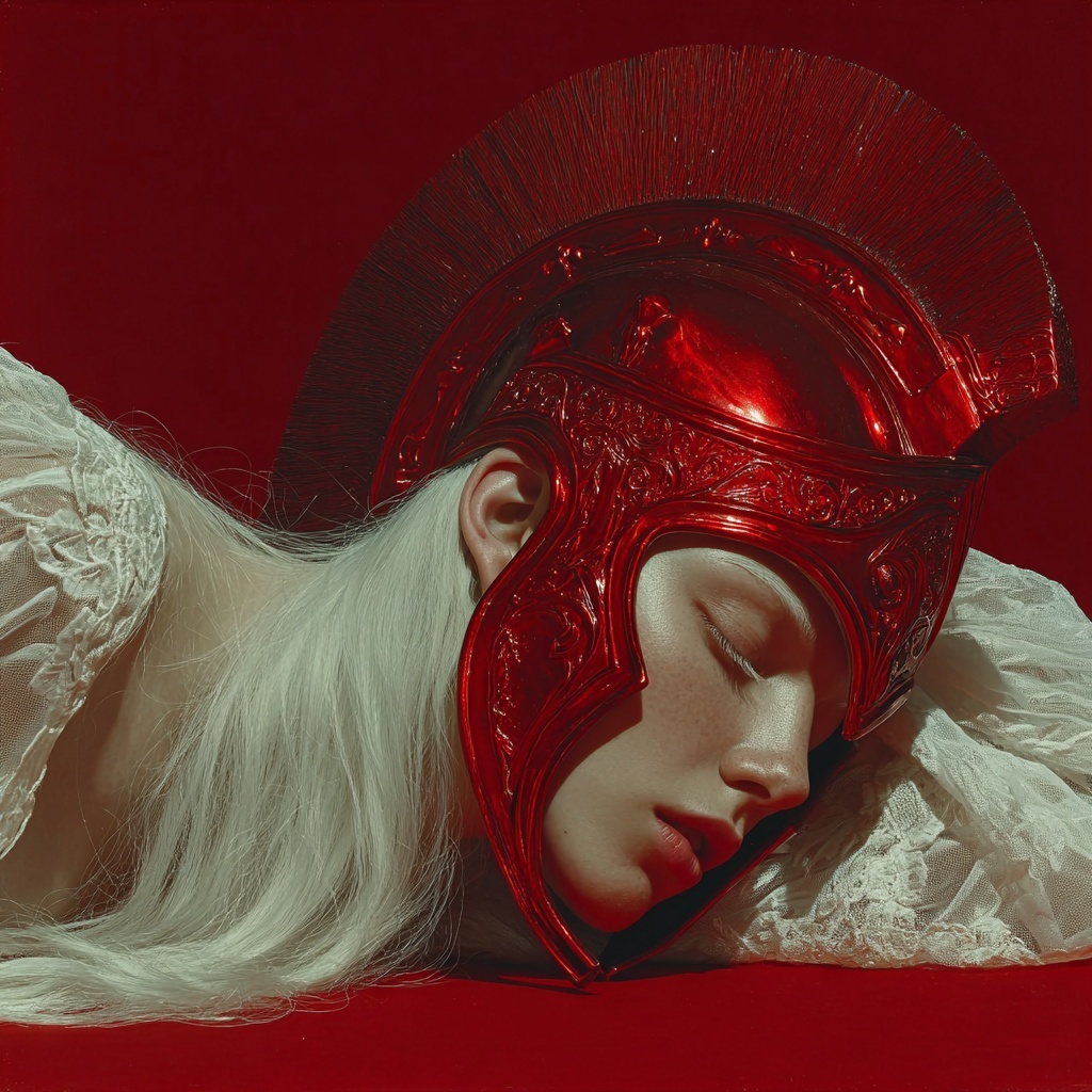 Minimalist Art: Albino Woman in Greek Helmet