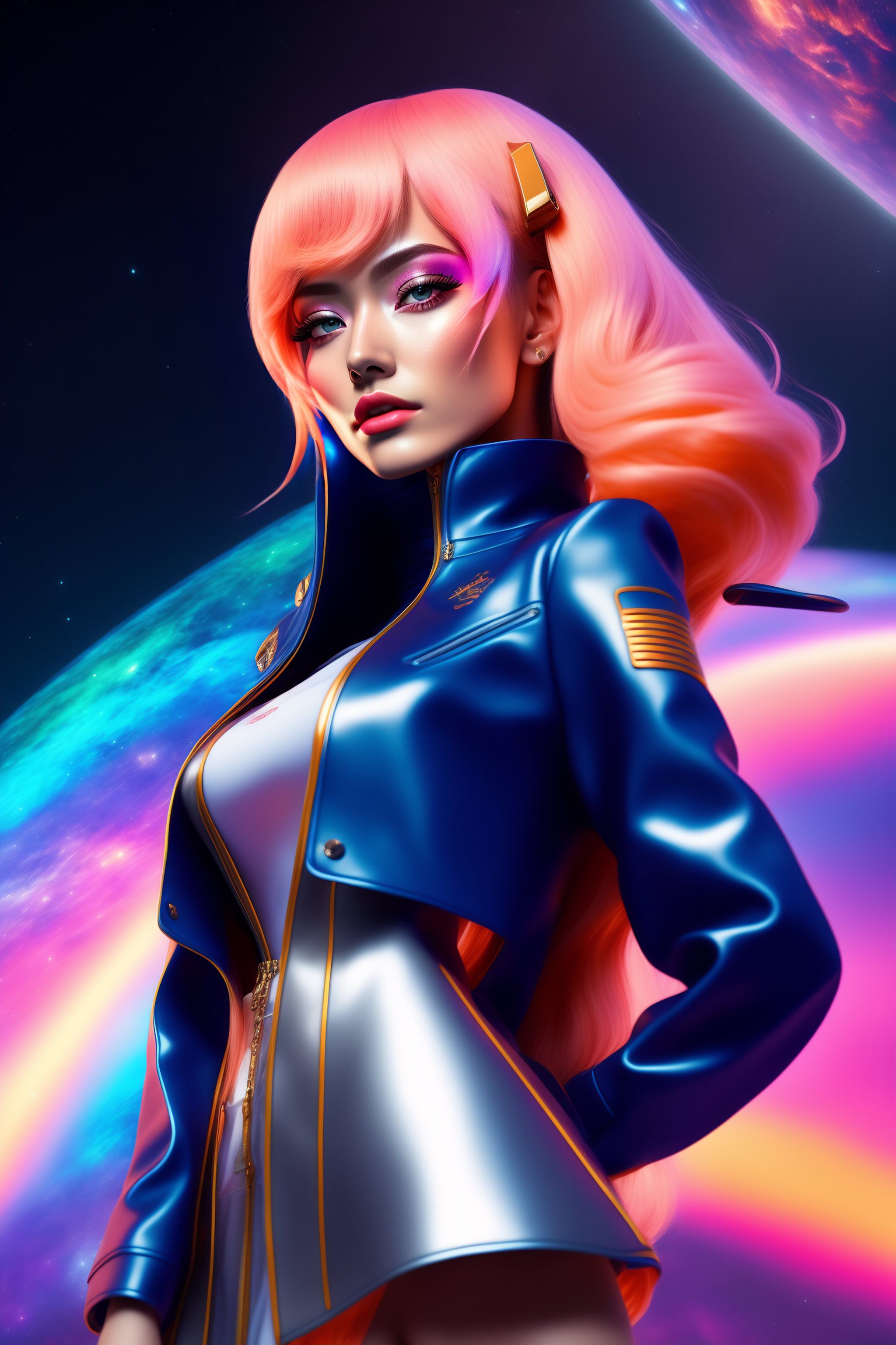 Stunning Anime Girl in Space with Colorful Hair