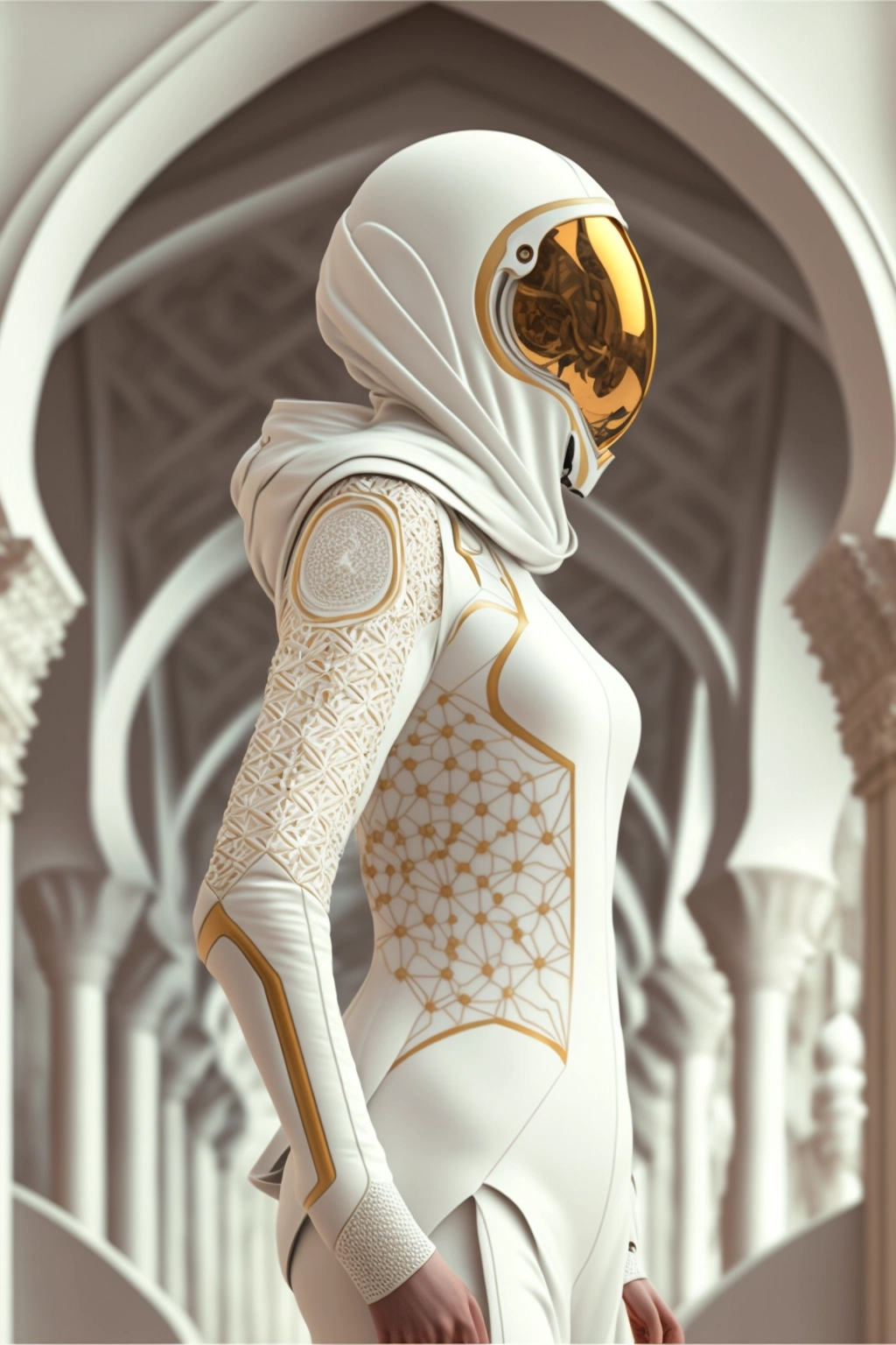 White & Gold Space Ninja: Intricate Embroidery & Sharp Design