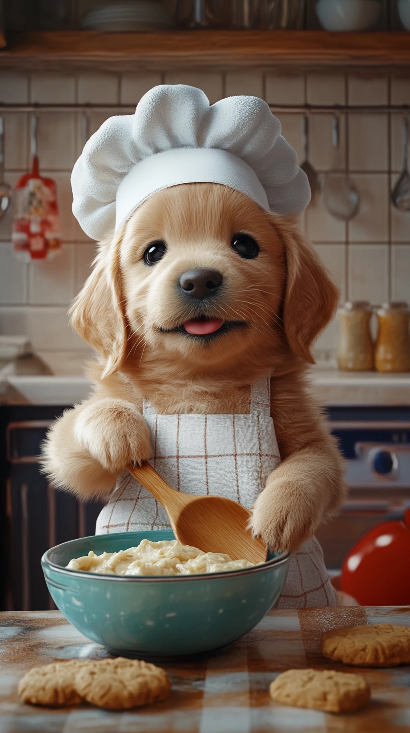 Adorable Pup Chef in Cozy Kitchen: Bake with Joy!