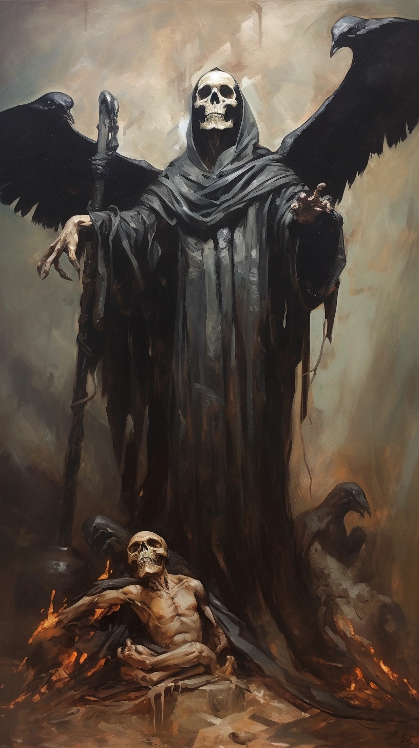 Surreal Grim Reaper Statue with Ravens