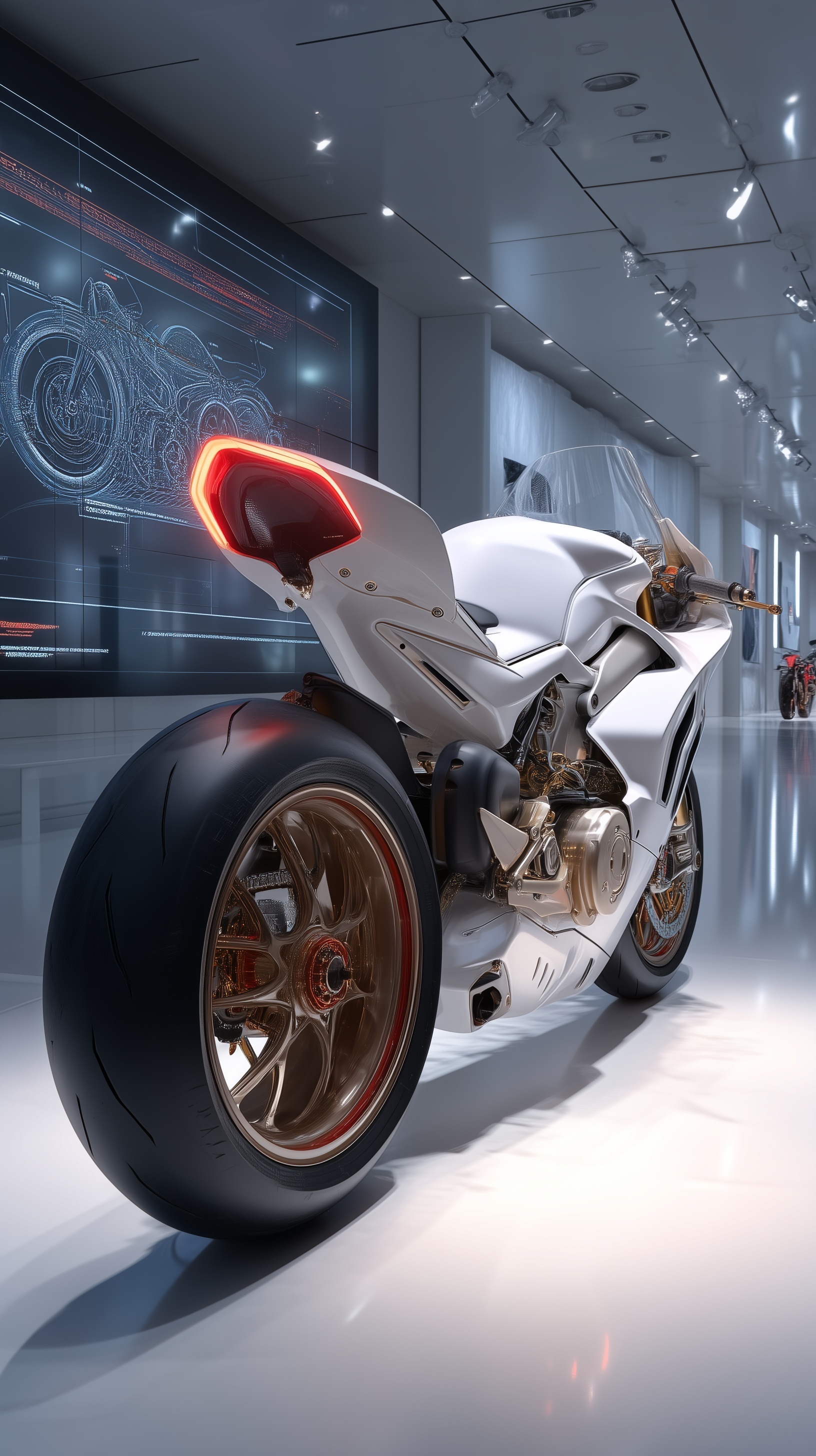 Futuristic White Superbike in Luxurious Gallery