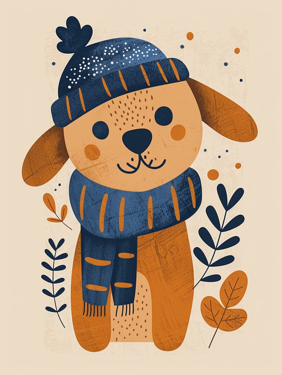 Cute Winter Dog Risograph Print - Playful Orange & Blue Illustration