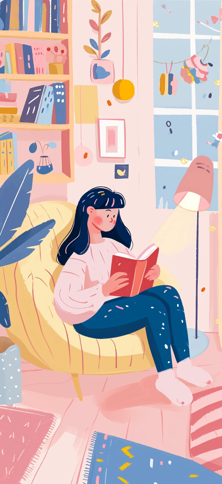 Happy Pink and Blue: Vintage Kawaiicore Art - Girl Reading Book